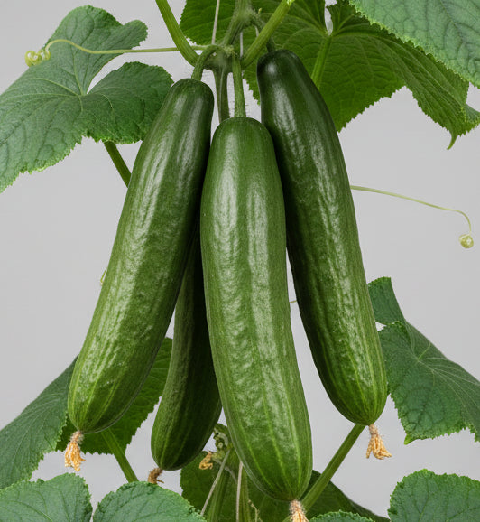 Three green cucumbers hanging from a vine in a garden setting.